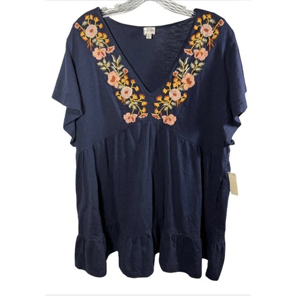 Keep in Touch Womens V Neck Embroidered Ruffled Blouse Top Navy Blue - Size M - Picture 1 of 10